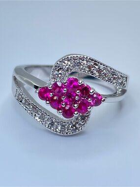 Swarovski Ruby Pink Diamond White Crystal Elements Ring CZ Halo Silver Sz 7